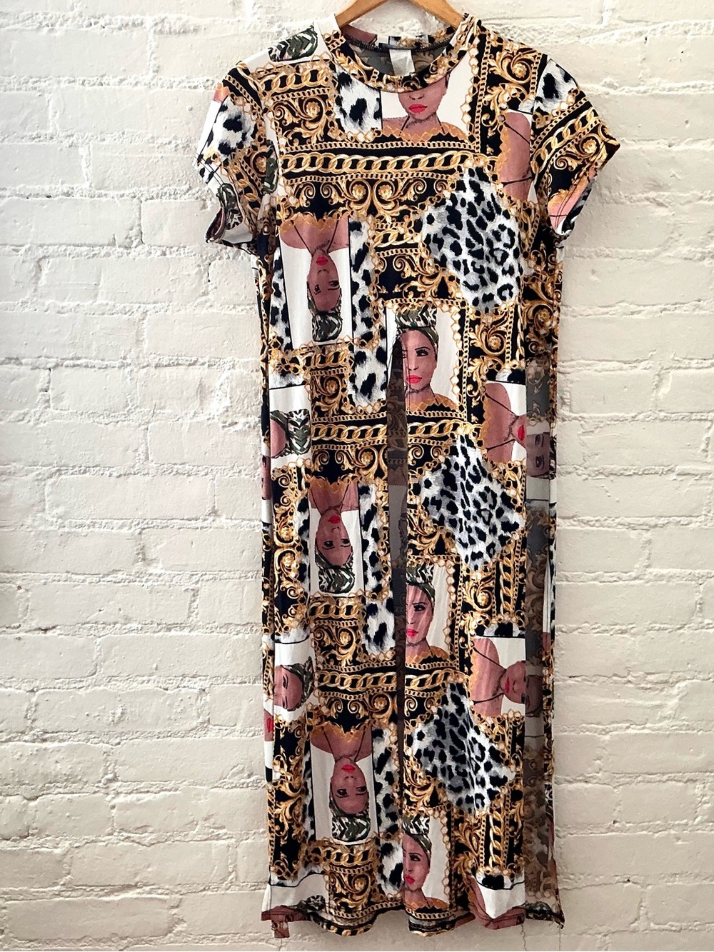 Vintage Y2K Patchwork Portrait Animal Mixed Print Midi Dress High Front Slit L